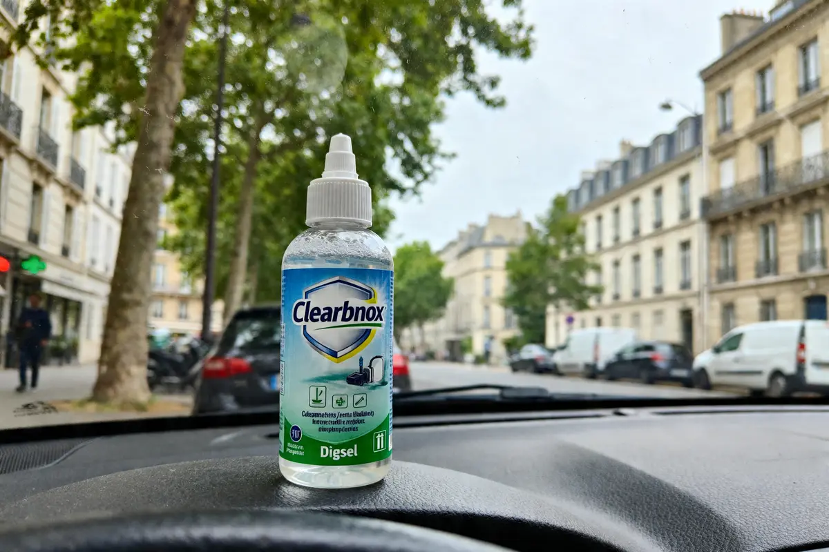 Bouteille de liquide Clearnox posée sur tableau de bord en ville.