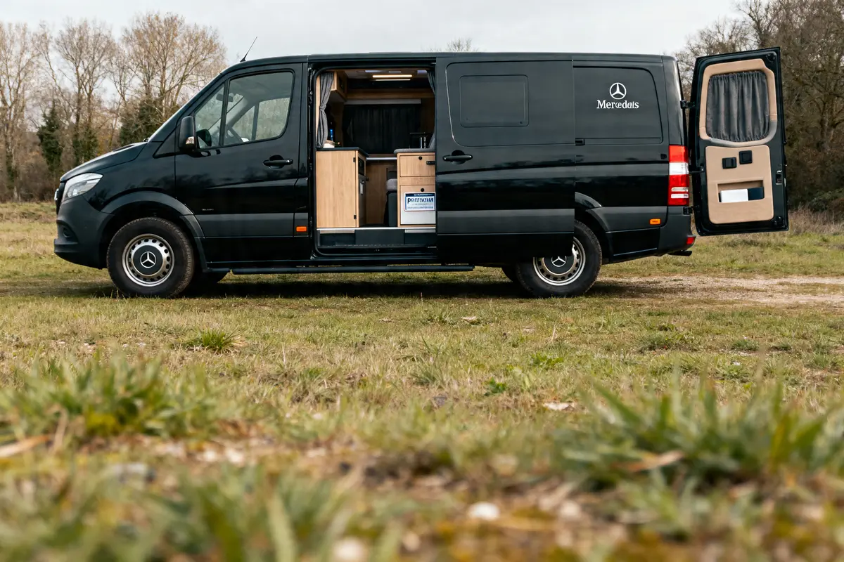 Van Mercedes aménagé avec accessoires pour van mercedes sur terrain herbeux porte ouverte
