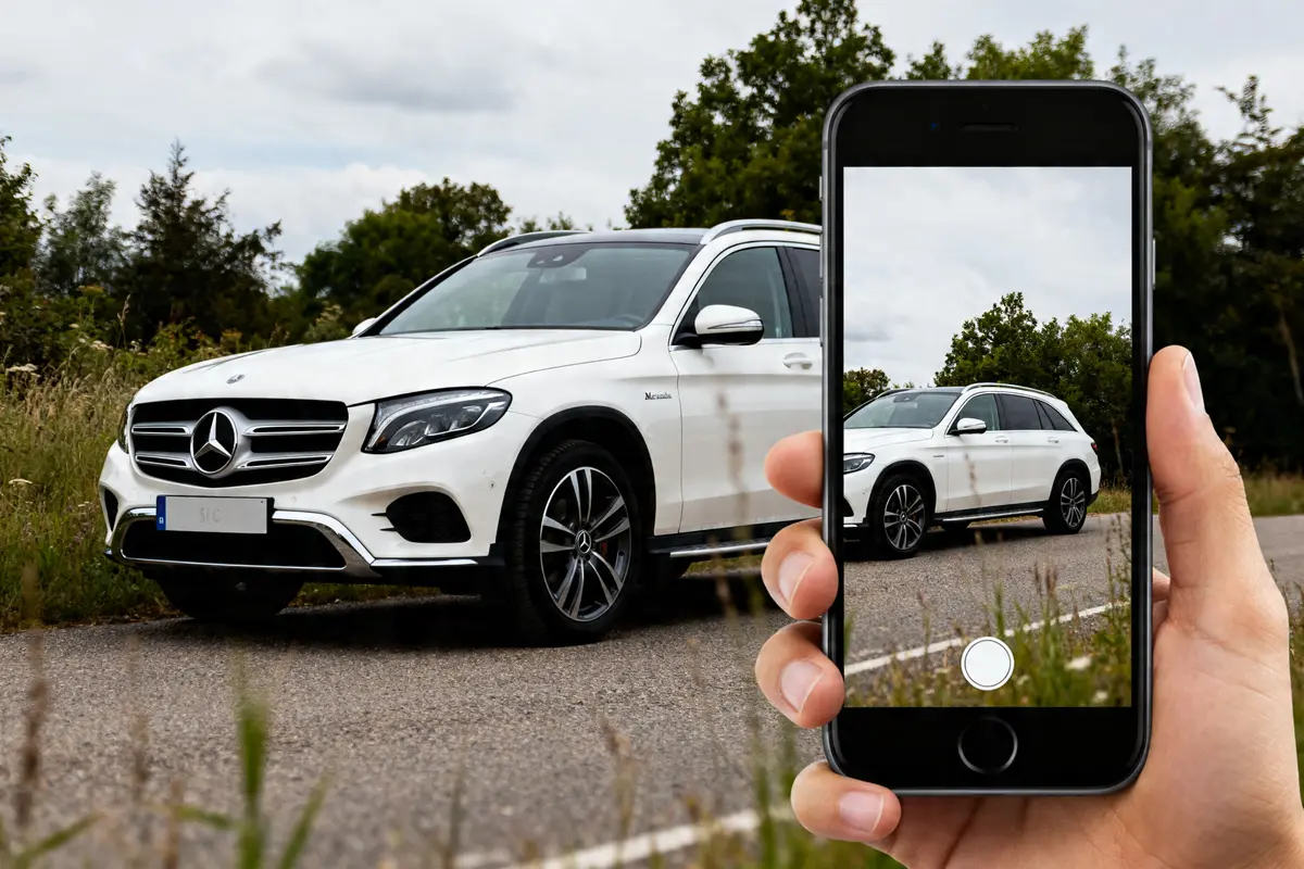 Main d'une personne photographiant SUV Mercedes blanc pour prix du Mercedes Marco Polo réaliste